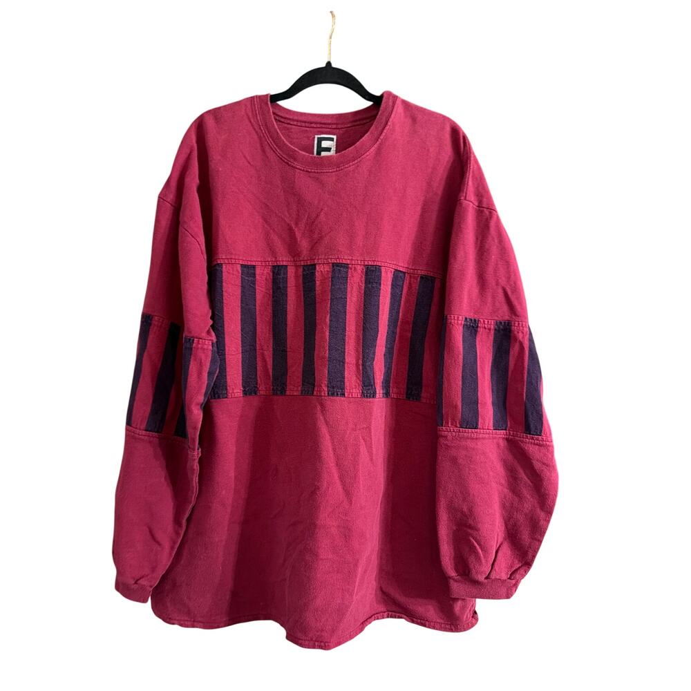 F. Men's Red & Black Pullover Crew Neck Striped Sweatshirt Size Large LG L
